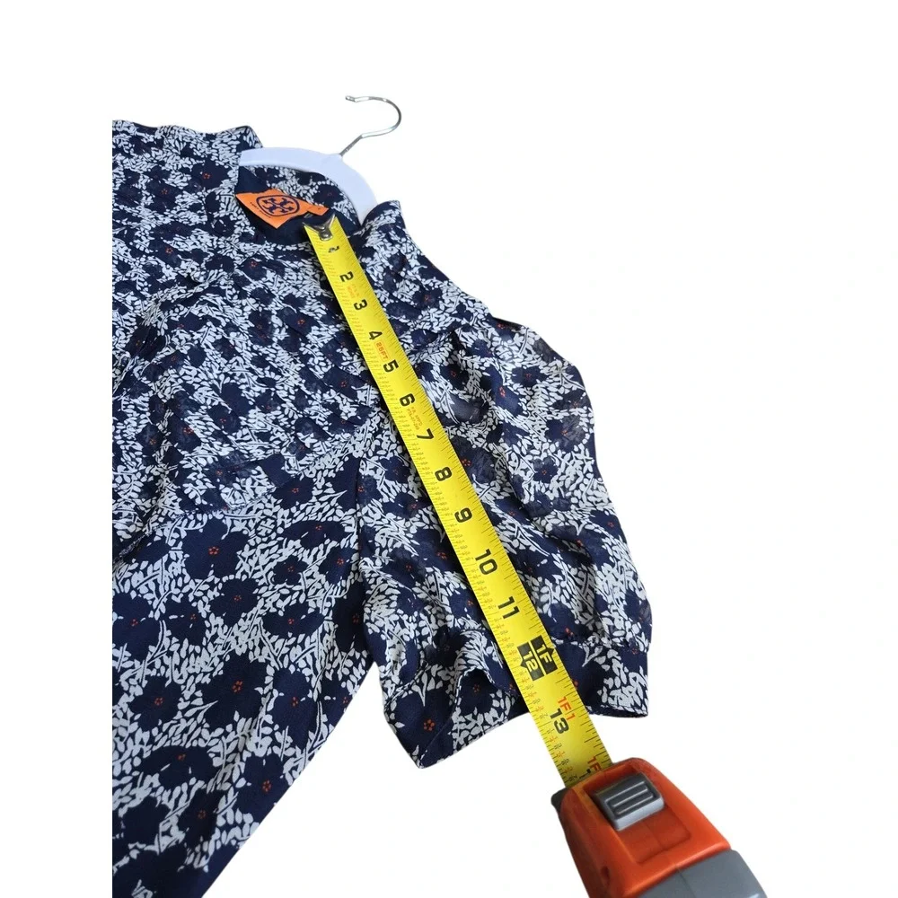 Tory Burch Navy Orange Floral Silk Button Down Mandarin Collar Blouse Size 4